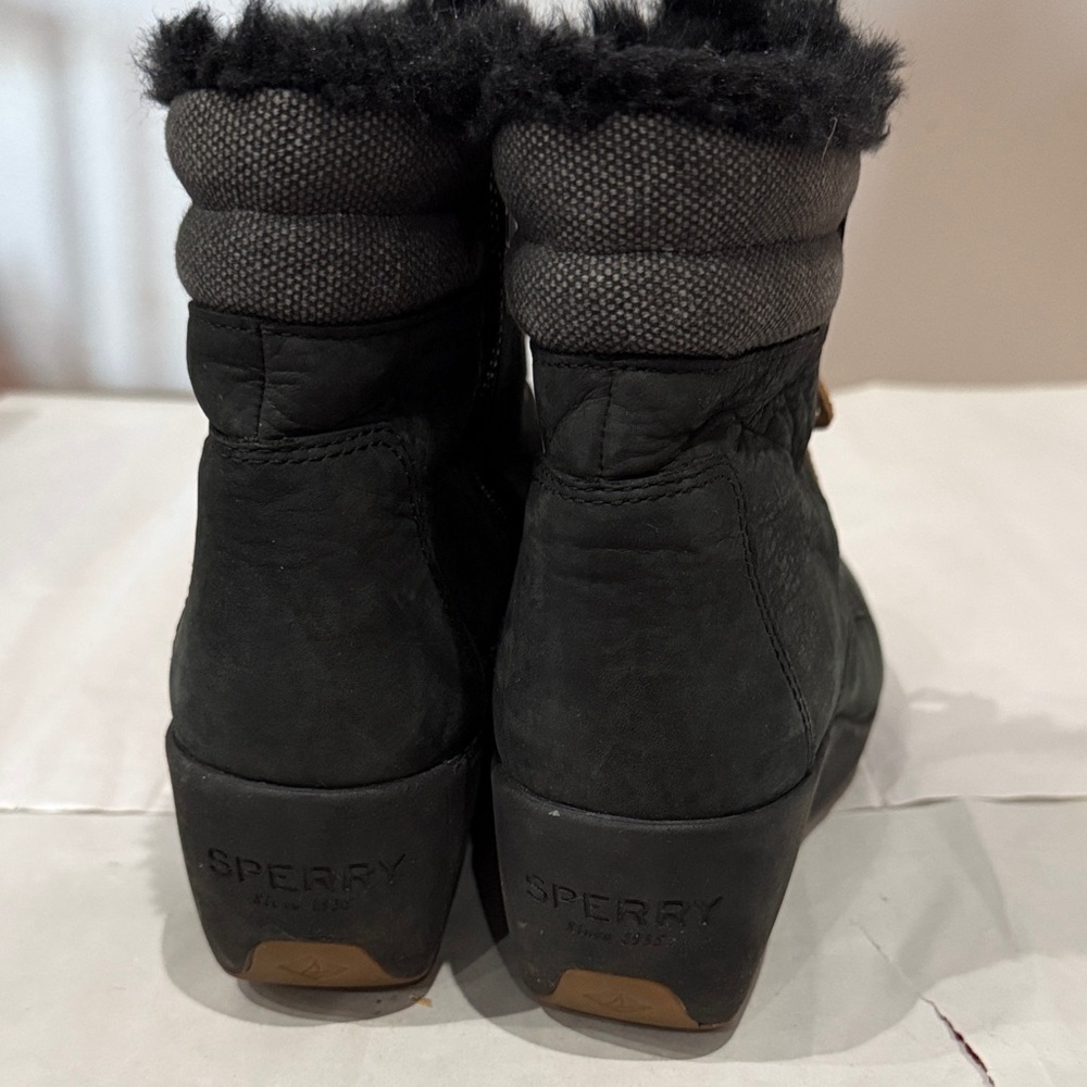 Sperry Black Wedge Boots with Fur Trim - Picture 4 of 5